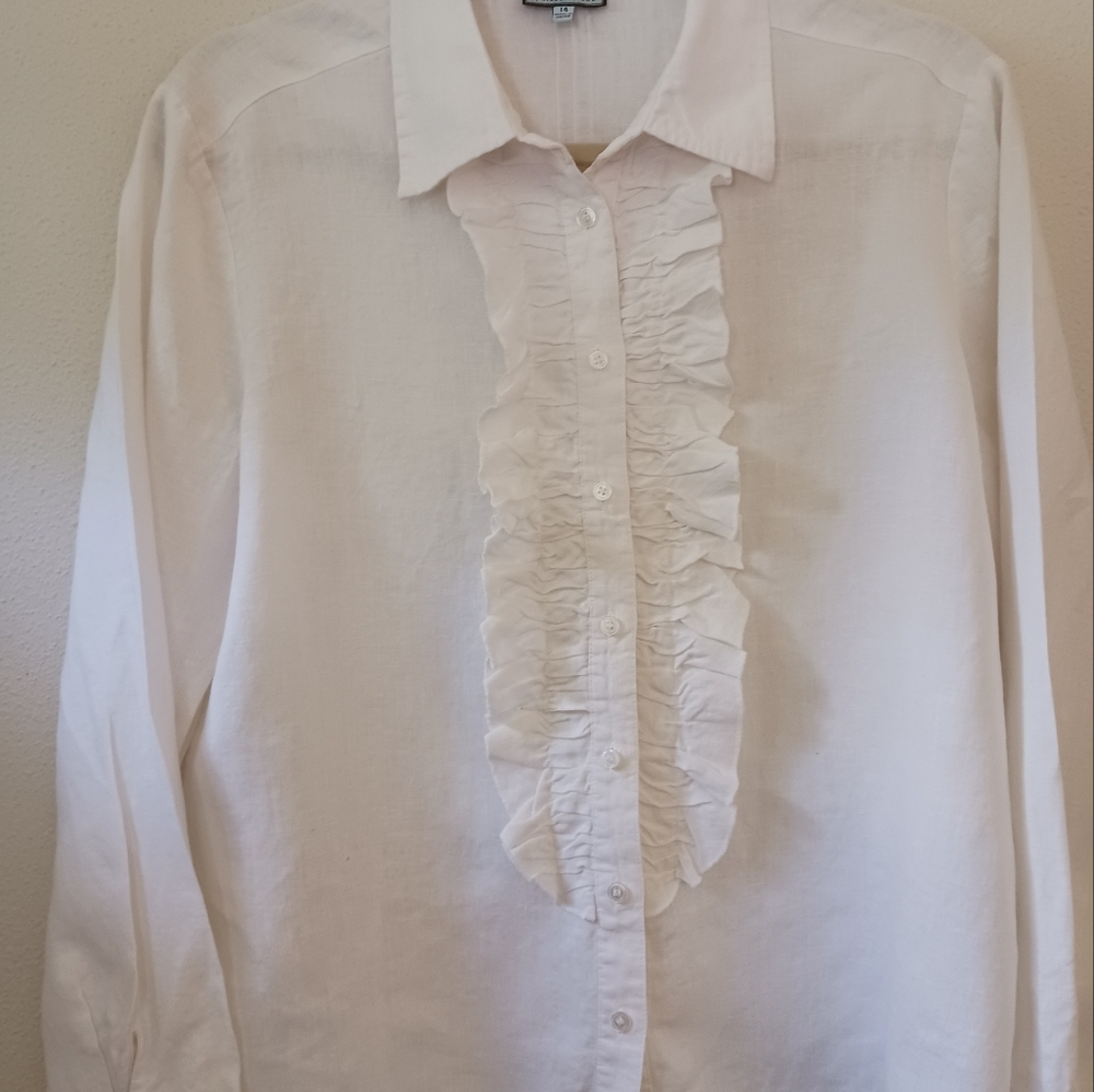 ITW by Claude Brown Sz 14 42" Creamy White 100% Linen Ruffle Front Blouse Shirt